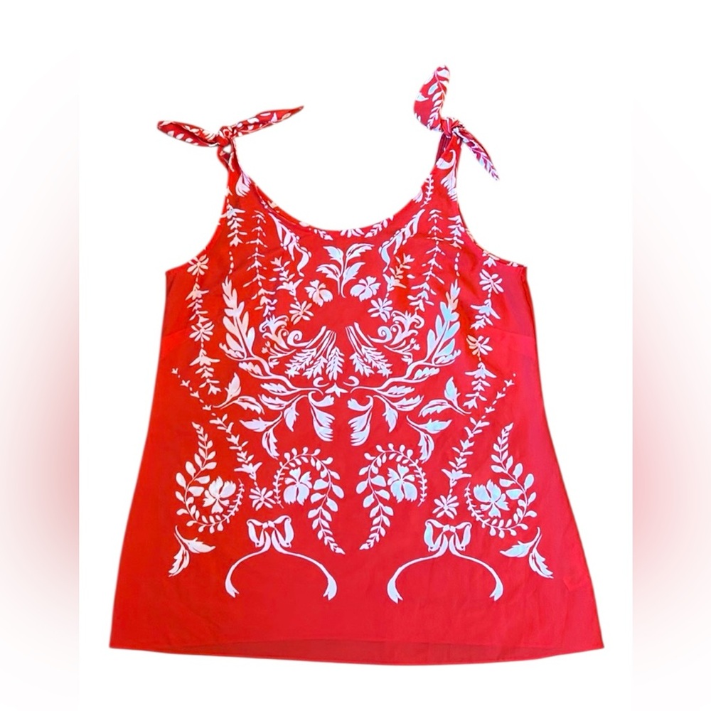 Cabi Women Size Medium Orange White Mosaic Floral Bow Knot Shoulder Tank Blouse
